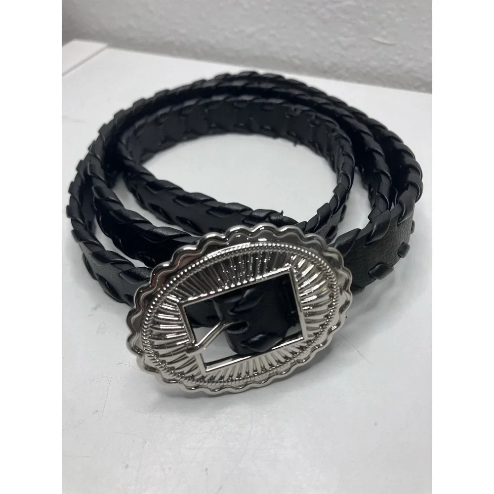 Black Braided Leather Woven Belt Concho Buckle Adjustable XL Elevated Western
